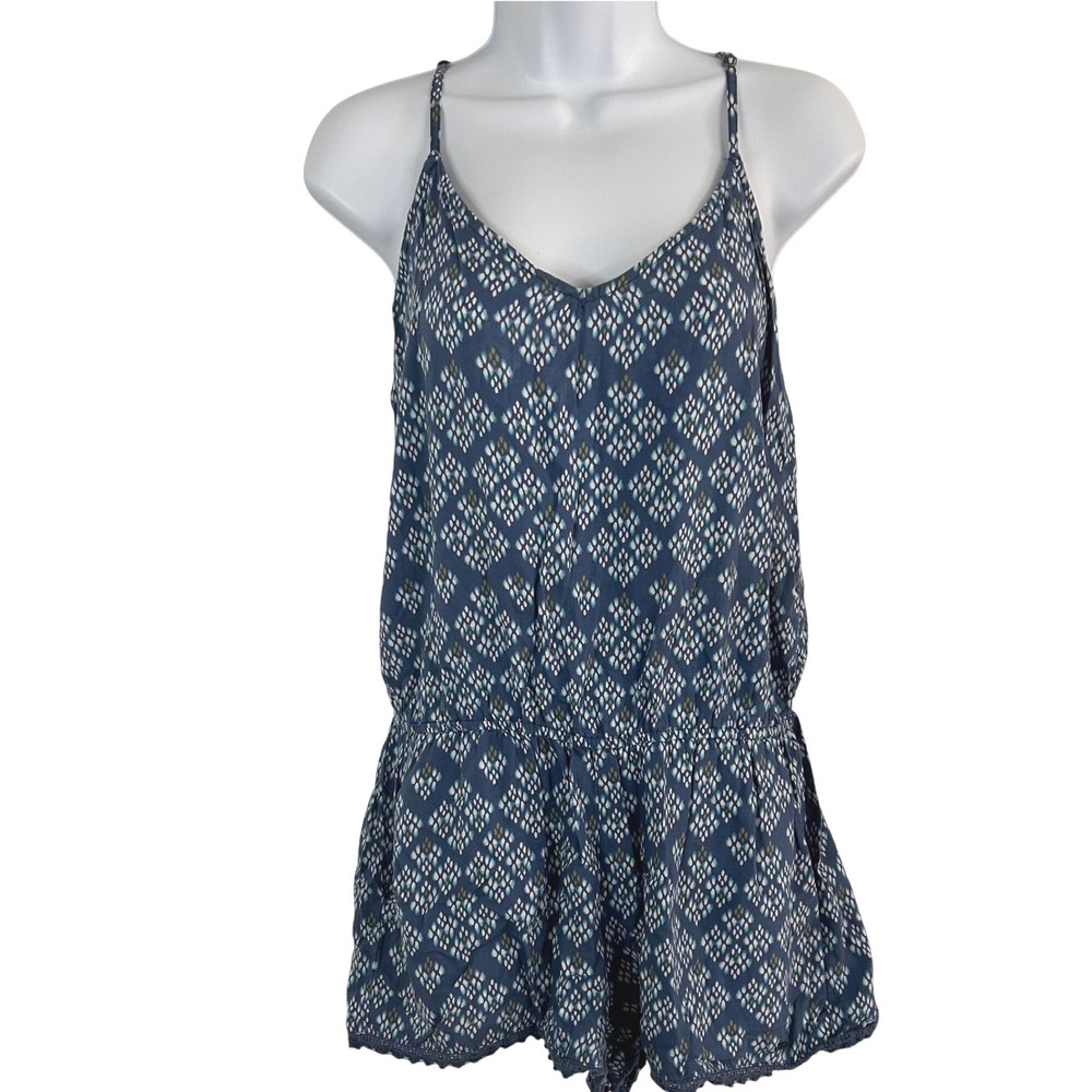 Hollister Romper Women's L Blue Geometric Ikat Print Lace Trim Boho Festival